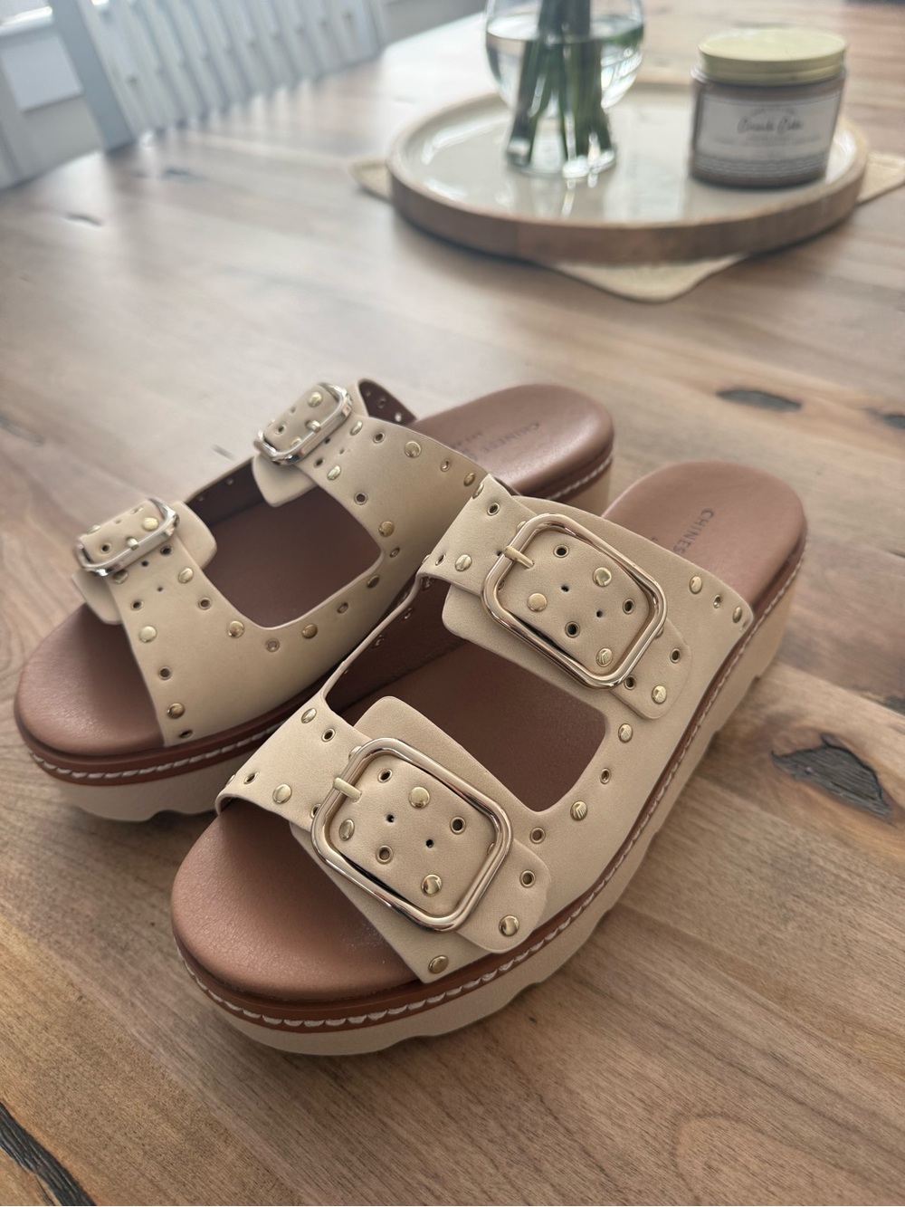 Chinese Laundry Beige Double Buckle Studded Platform Mules